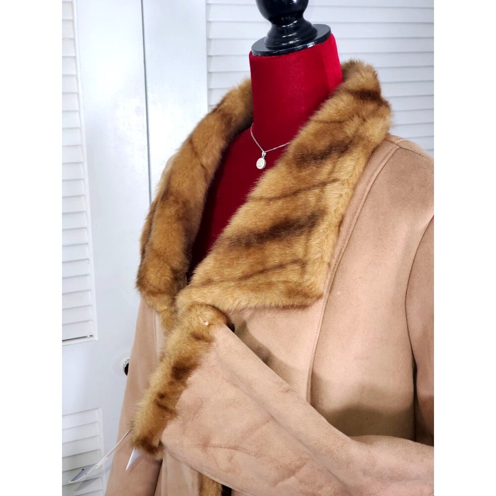 NWT Jones New York Women's Tan Suede Faux Fur Lined Long Jacket Sz L 1111 - Picture 5 of 16
